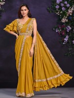 Mustard Crepe Satin Silk Ready To Wear Saree